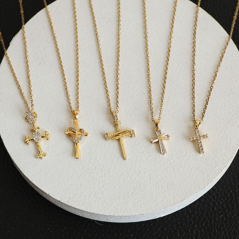 Glam Modern Style Shiny Cross Stainless Steel Copper Plating Inlay Zircon Gold Plated Pendant Necklace