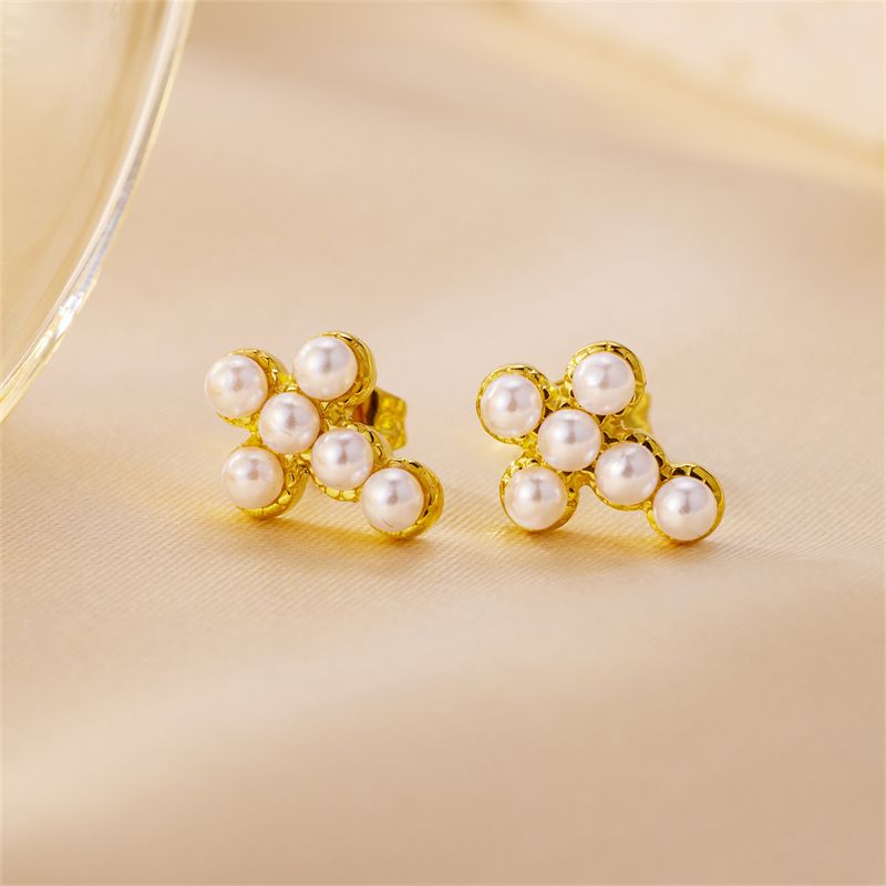 1 Pair Glam Lady Cross Plating Inlay Stainless Steel Pearl 18k Gold Plated Ear Studs