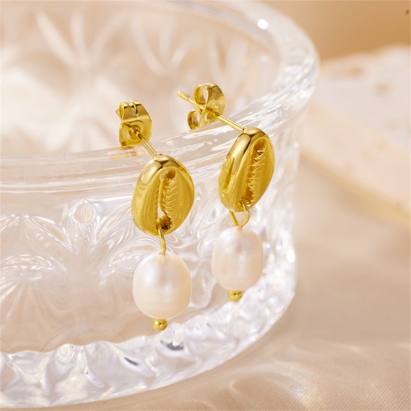 1 Pair Elegant Lady Geometric Plating Stainless Steel Freshwater Pearl 18k Gold Plated Drop Earrings