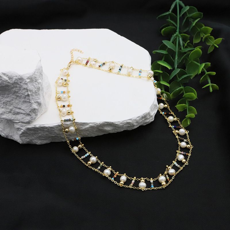 Einfacher Stil Runden Süßwasserperle Kupfer Perlen Überzug 18 Karat Vergoldet Halskette