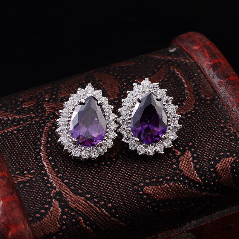 1 Pair Luxurious Lady Water Droplets Inlay Copper Zircon Ear Studs