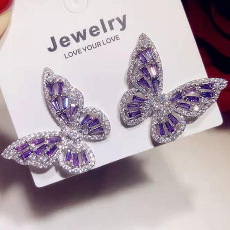 1 Pair Elegant Butterfly Inlay Copper Zircon Ear Studs