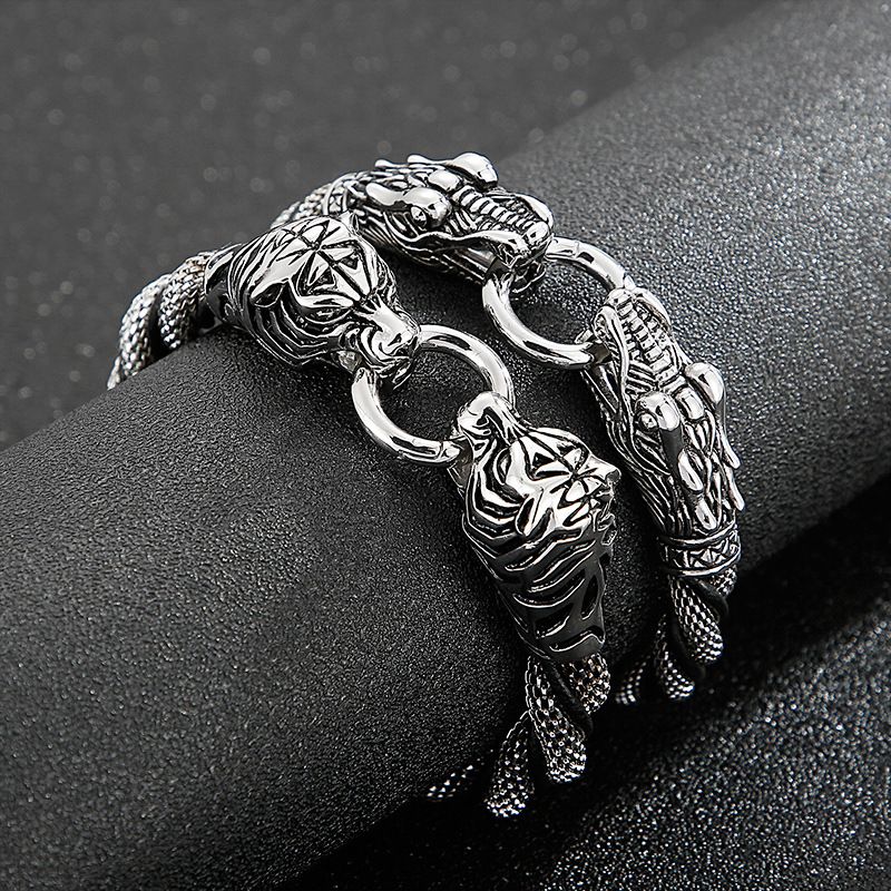 Vintage Style Tiger Dragon Cowhide Titanium Steel Knitting Men's Bracelets