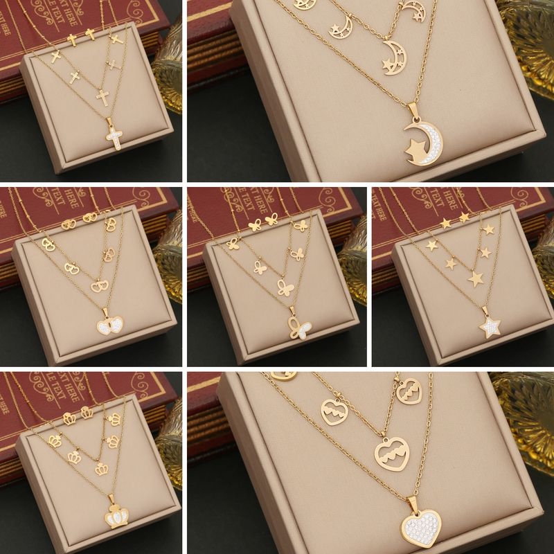Wholesale Simple Style Star Heart Shape Crown 304 Stainless Steel Copper Plating 18K Gold Plated Zircon Pendant Necklace