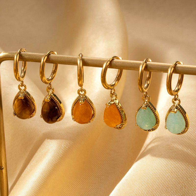 1 Pair Vintage Style Geometric Water Droplets Heart Shape Plating Inlay Stainless Steel Copper Natural Stone Drop Earrings