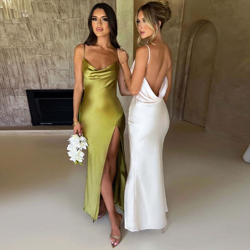 Women's Strap Dress Vacation Collarless Slit Backless Sleeveless Solid Color Maxi Long Dress Travel