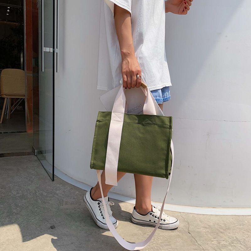 Women's Canvas Solid Color Basic Square Magnetic Buckle Handbag