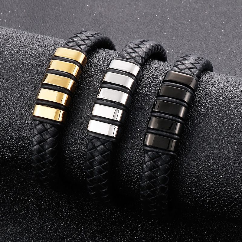 Hip-hop Punk Geometric Color Block Argyle Cowhide Titanium Steel Plating Men's Bracelets