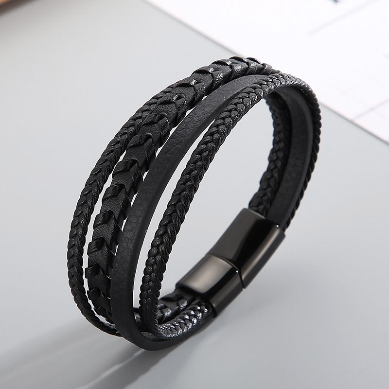Classic Style Commute Solid Color Pu Leather Braid Men's Bangle