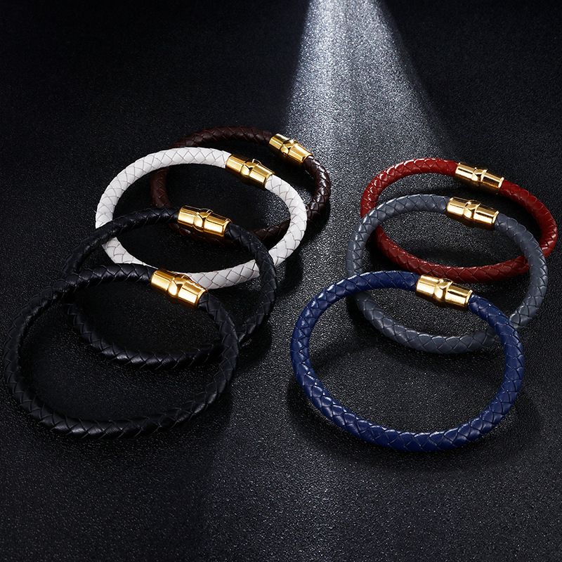 Simple Style Geometric Pu Leather Titanium Steel Plating 18K Gold Plated Men's Bracelets