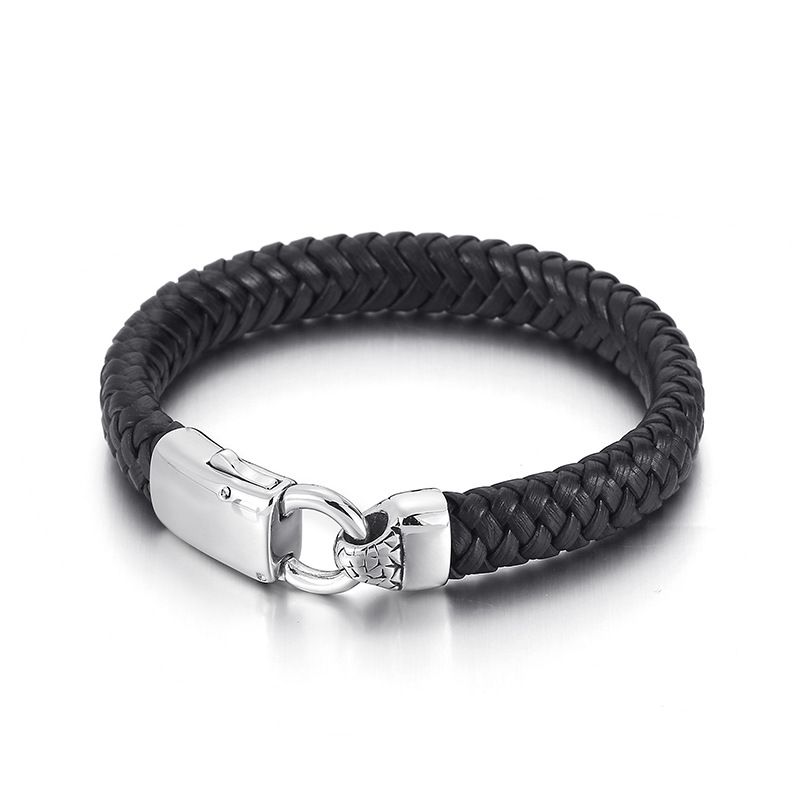 Hip Hop Rétro Bloc De Couleur Faux Cuir Acier Au Titane Tresser Hommes Bracelet