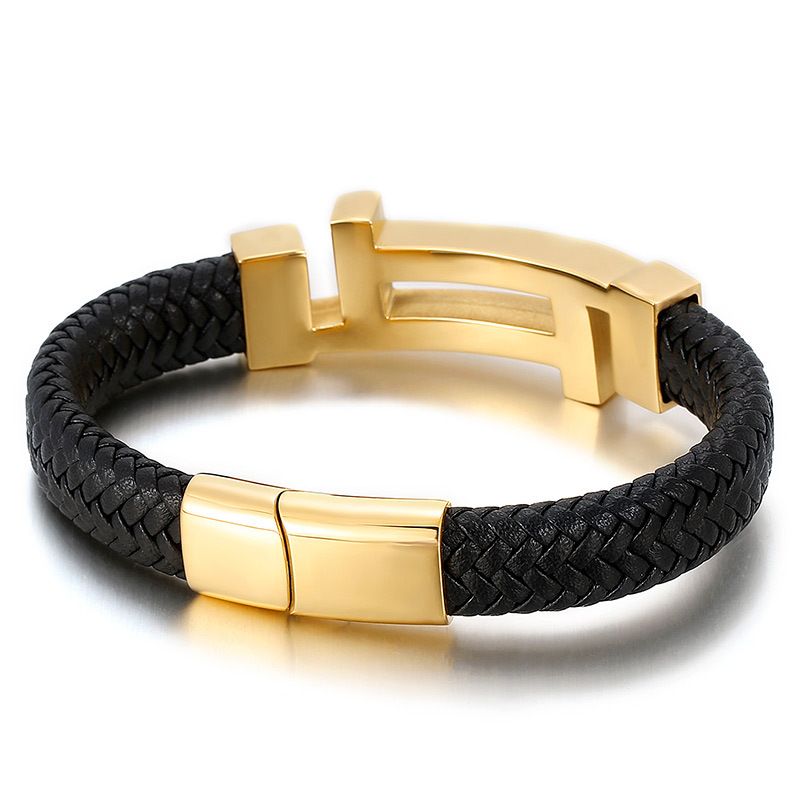 Hip Hop Retro Bloque De Color Cuero Sintético Acero Titanio Enchapado Chapados en oro de 18k Hombres Brazalete