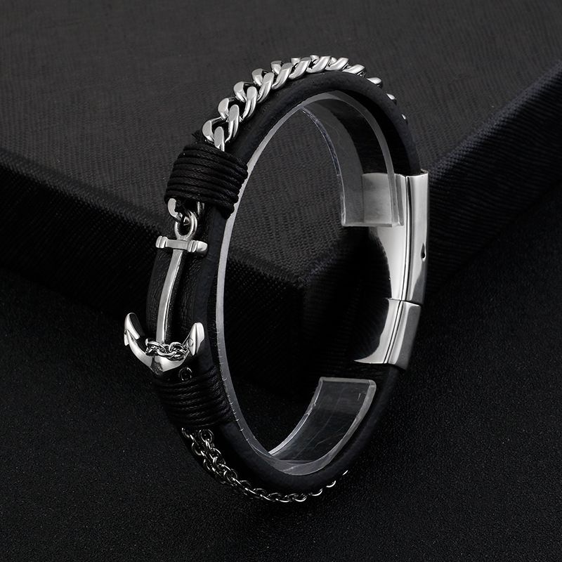 Hip-hop Retro Color Block Pu Leather Titanium Steel Braid Men's Bracelets