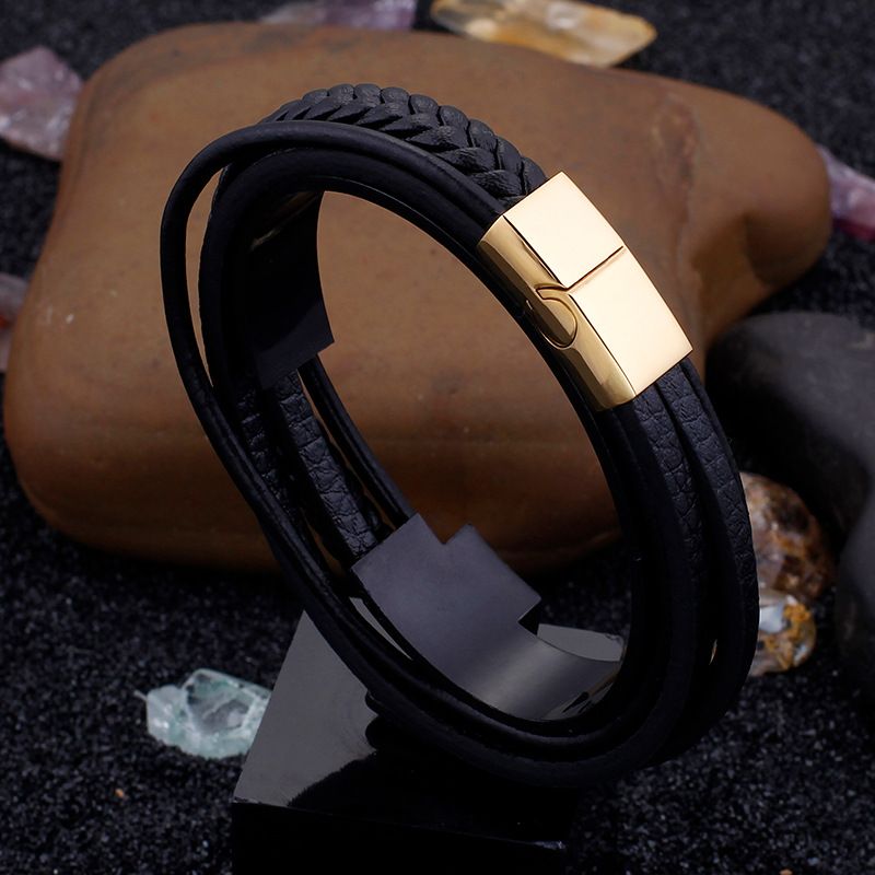 Retro Color Block Pu Leather Titanium Steel Braid 18K Gold Plated Men's Bracelets