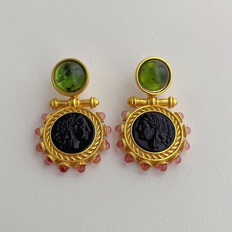 1 Pièce Style Vintage Bloc De Couleur Placage Incruster Le Cuivre Pierre De Verre Plaqué Or 18k Boucles D'oreilles