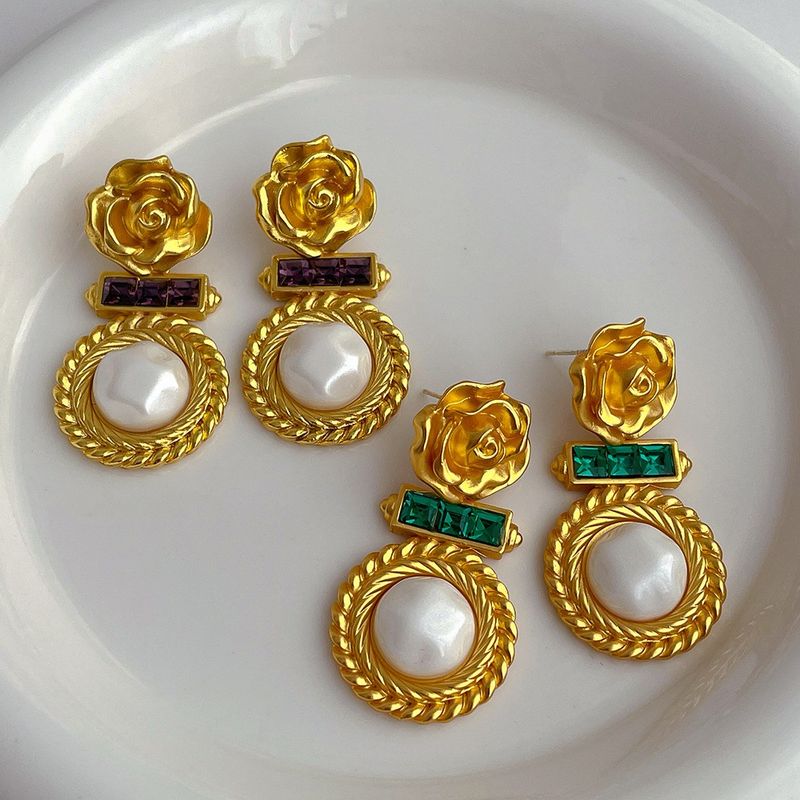 1 Piece Vintage Style Flower Plating Inlay Copper Artificial Gemstones Artificial Pearls 18k Gold Plated Drop Earrings