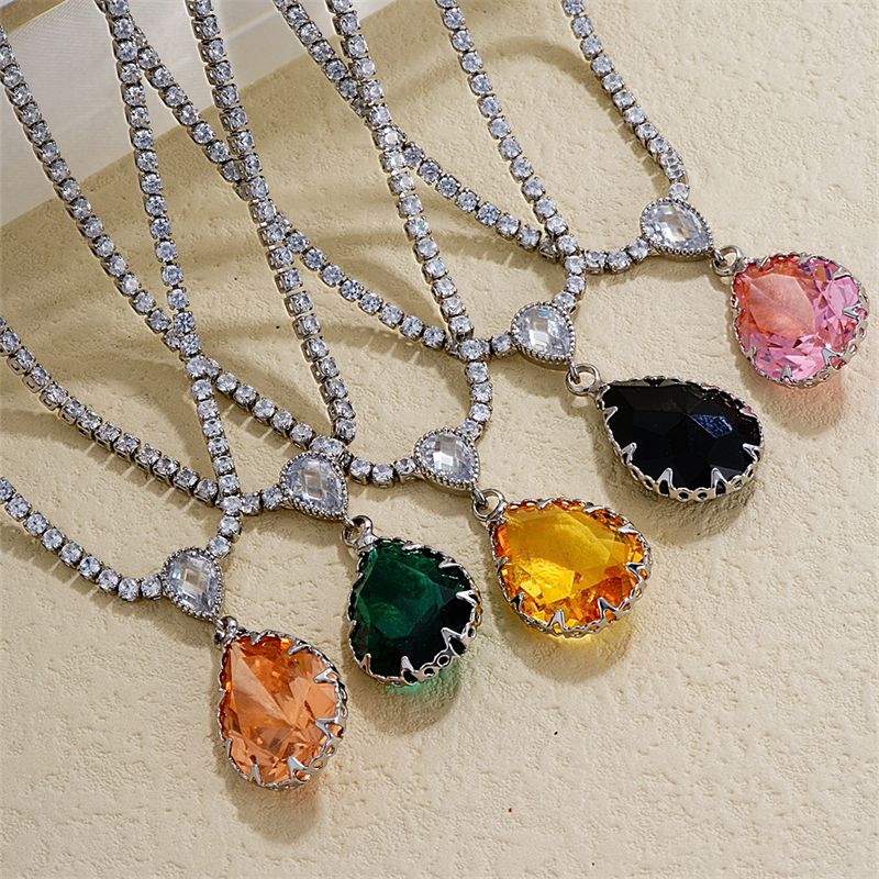 Wholesale IG Style Glam Simple Style Water Droplets Copper Plating Inlay Rhodium Plated Zircon Pendant Necklace