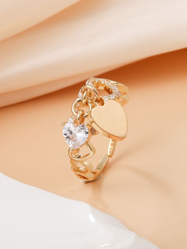 Copper Gold Plated Elegant Inlay Heart Shape Zircon Open Rings