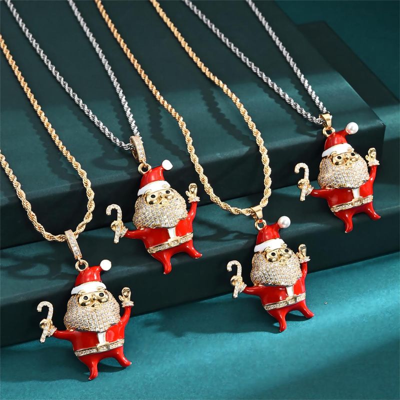 Großhandel Weihnachten Strassenmode Weihnachtsmann Kupfer Emaille Überzug Inlay Perle Zirkon Halskette Mit Anhänger