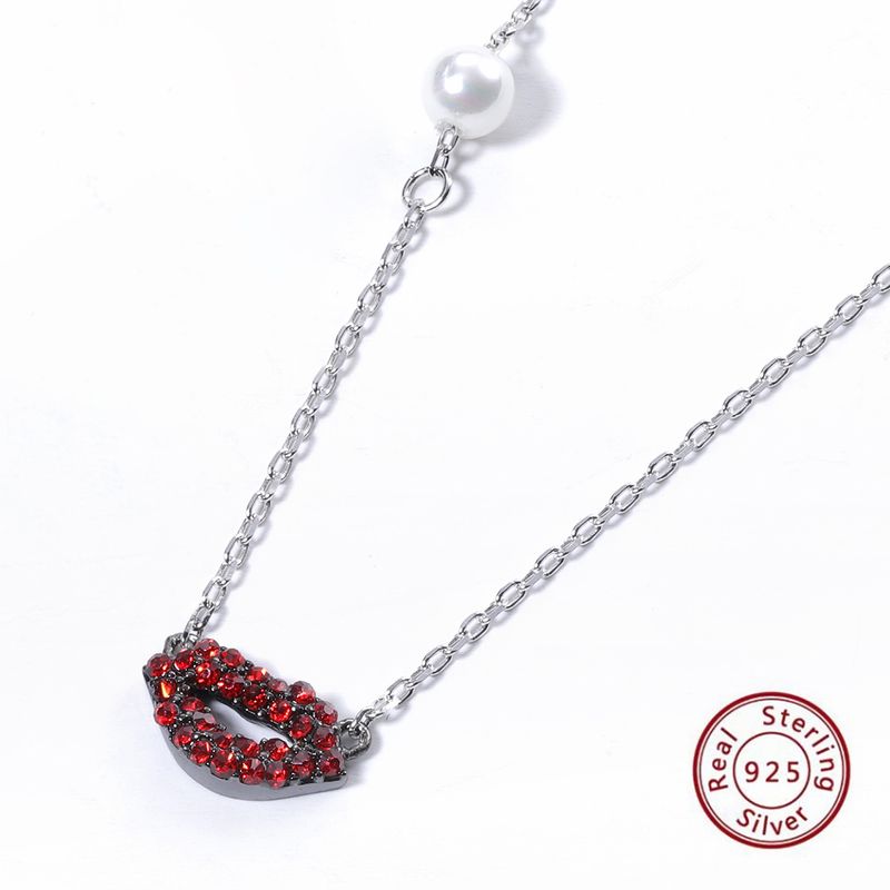 Sexy Romantic Lips Sterling Silver Plating Chain Inlay Zircon White Gold Plated Pendant Necklace