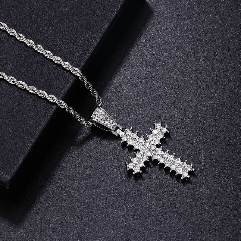 Hip-hop Rock Punk Cross Stainless Steel Alloy Plating Inlay Rhinestones White Gold Plated Men's Pendant Necklace