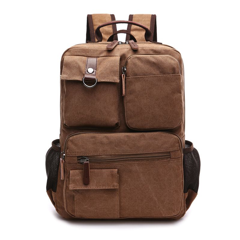 Men's Solid Color Canvas Zipper Functional Backpack Laptop Backpack