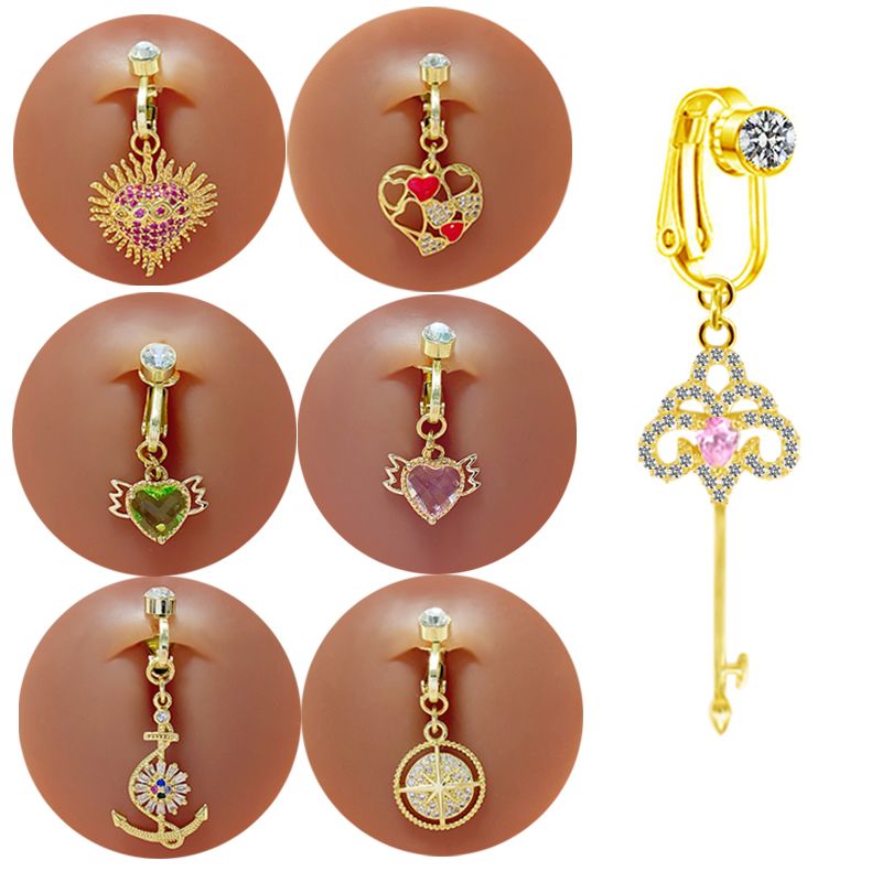 Elegant Luxurious Classic Style Heart Shape Key Stainless Steel Copper Epoxy Plating Inlay Zircon Gold Plated Belly Ring