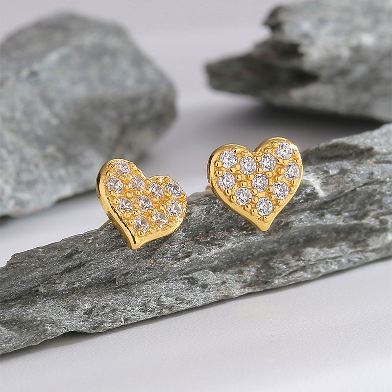 1 Pair Casual Elegant Commute Heart Shape Plating Inlay Sterling Silver Zircon Obsidian 18k Gold Plated Ear Studs