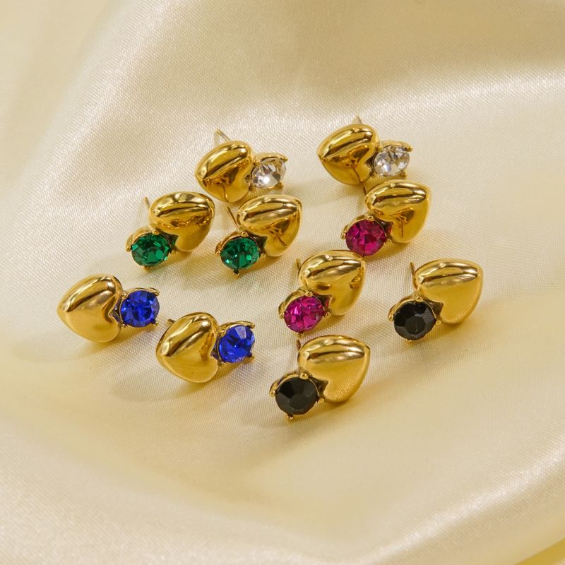 1 Pair Vintage Style Geometric Color Block Heart Shape 304 Stainless Steel Zircon 14K Gold Plated Ear Studs