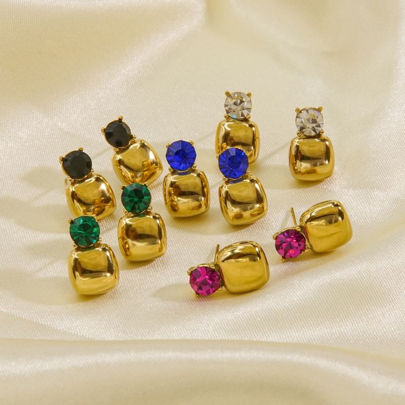 1 Pair Vintage Style Geometric Square Plating Inlay 304 Stainless Steel Zircon 14K Gold Plated Ear Studs