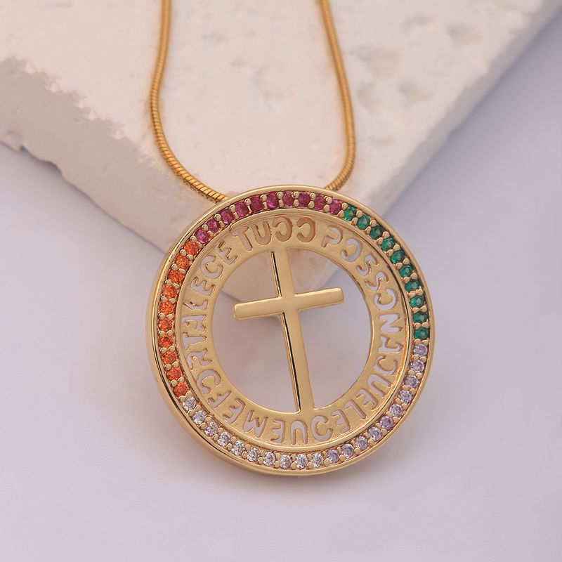 Ig Style Vintage Style Cross Stainless Steel Artificial Gemstones Copper Plating Inlay Zircon 18k Gold Plated Pendant Necklace