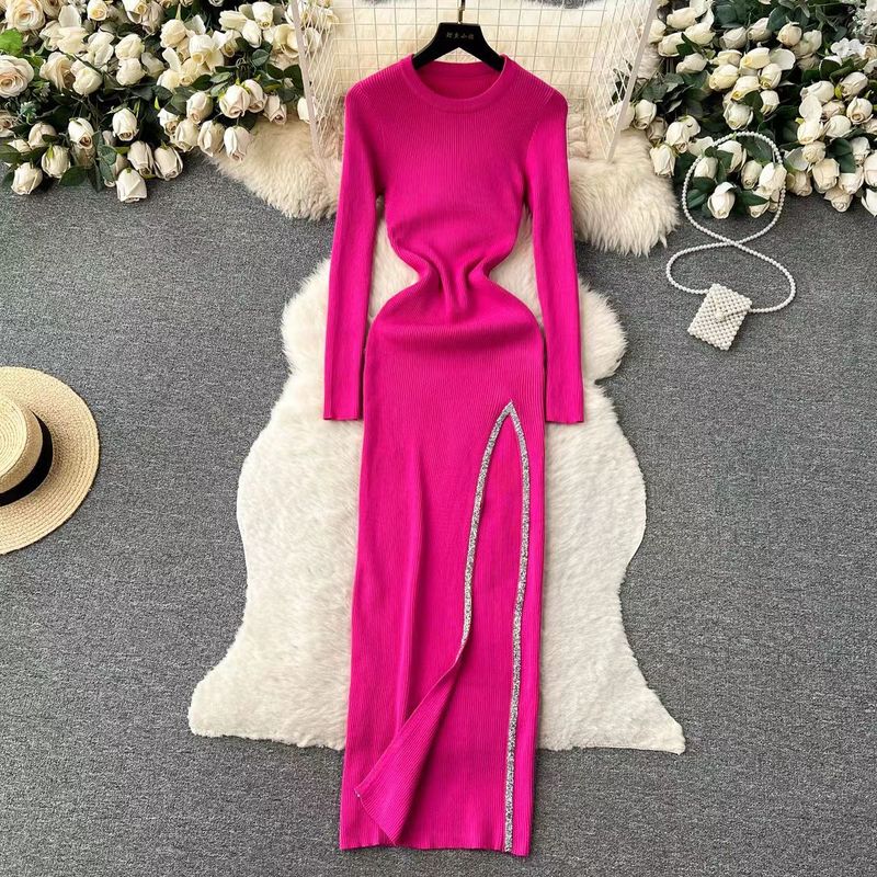 Women's Slit Dress Casual Round Neck Thigh Slit Long Sleeve Solid Color Midi Dress Daily