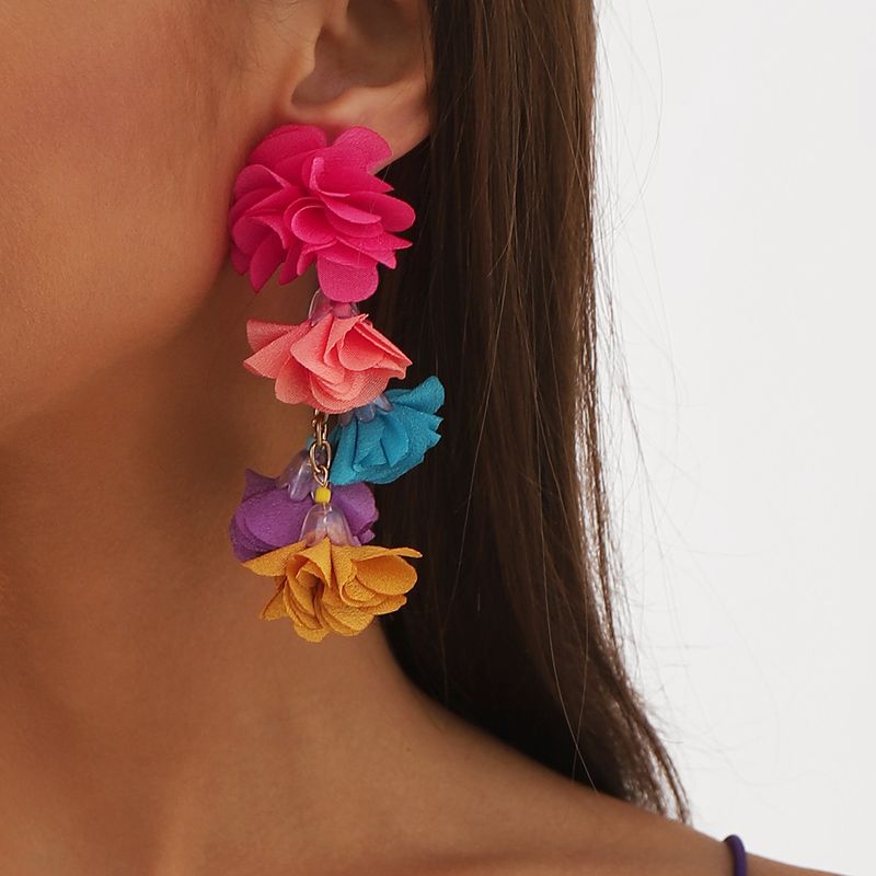 1 Pair Vintage Style Color Block Flower Cloth Drop Earrings