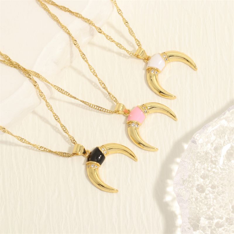 Simple Style Moon Copper Enamel Plating Inlay Zircon 18k Gold Plated Pendant Necklace