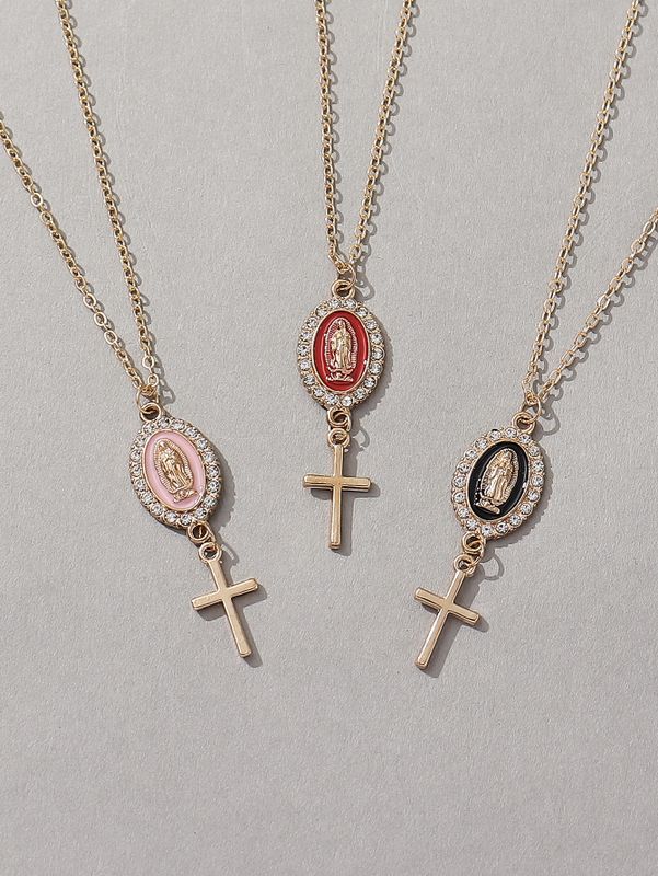 Classical Retro Virgin Mary Oval Artificial Rhinestones Alloy Wholesale Pendant Necklace
