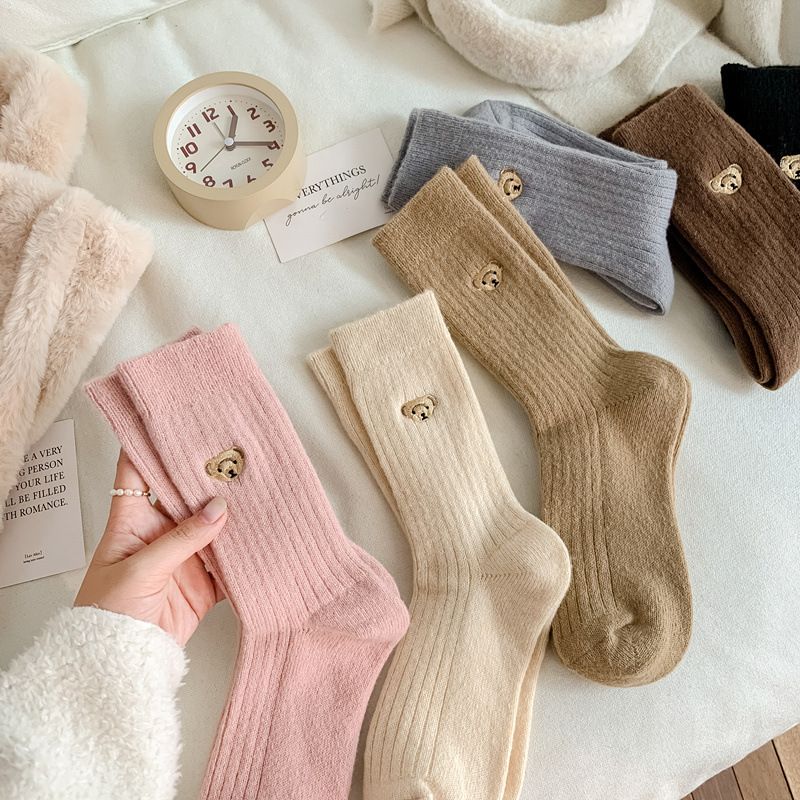 Women's Cute Japanese Style Bear Wool Crew Socks A Pair