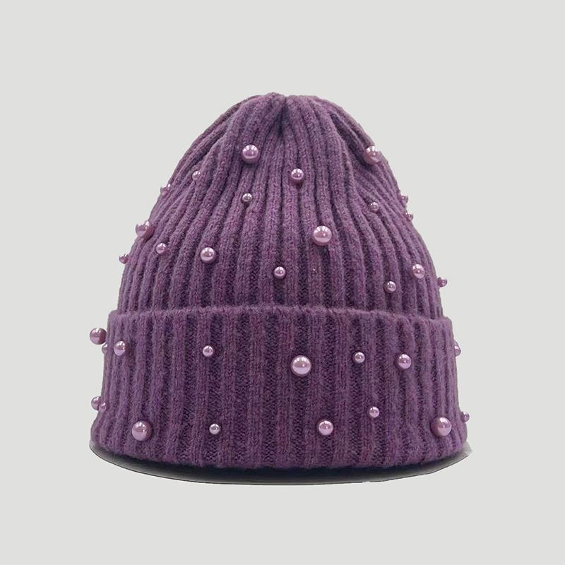 Femmes Sucré Style Simple Couleur Unie Perle Sans Gouttière Bonnet De Laine