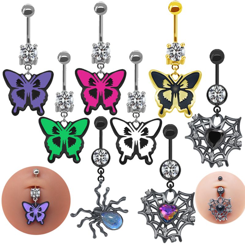 Japanese Style Punk Artistic Spider Butterfly Stainless Steel Alloy Copper Epoxy Plating Inlay Rhinestones White Gold Plated Gold Plated Belly Ring