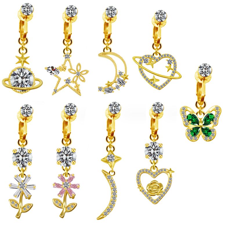 Sweet Streetwear Star Moon Heart Shape Stainless Steel Alloy Copper Plating Inlay Rhinestones Gold Plated Belly Ring