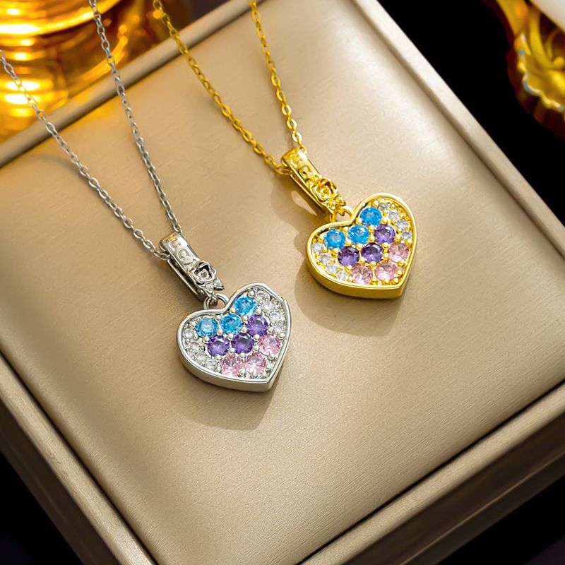 Wholesale Elegant Luxurious Shiny Heart Shape Stainless Steel Plating Inlay 18k Gold Plated Zircon Pendant Necklace