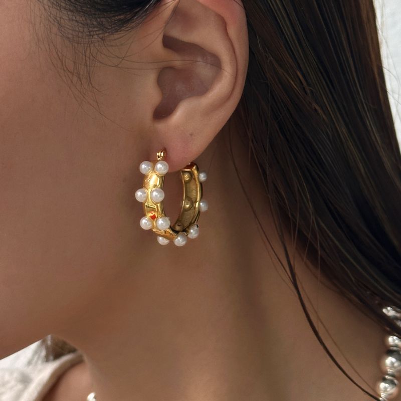 1 Paar Einfacher Stil Runden Inlay Titan Stahl Perle Ohrringe