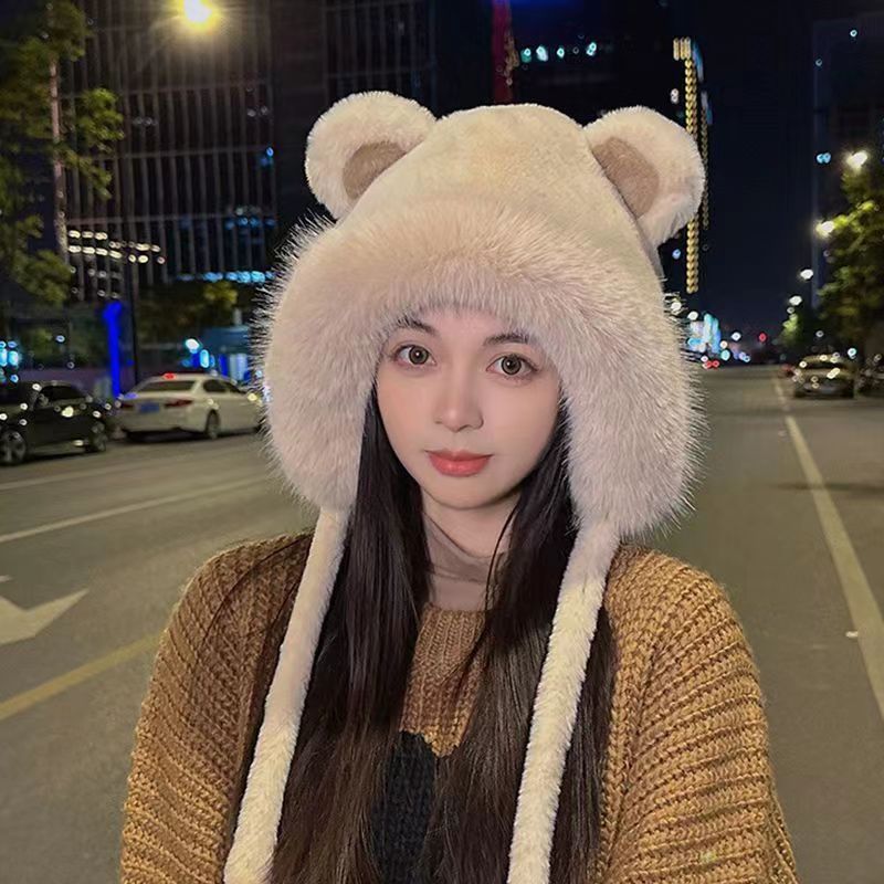 Women's Cute Bear Pom Poms Ear Warap Wool Cap
