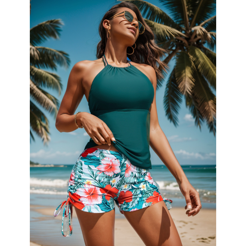 Women's Solid Color Flower Backless 2 Pieces Set Tankinis Swimwear