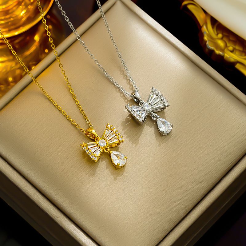 Wholesale Elegant Streetwear Bow Knot Stainless Steel Plating Inlay 18k Gold Plated Zircon Pendant Necklace