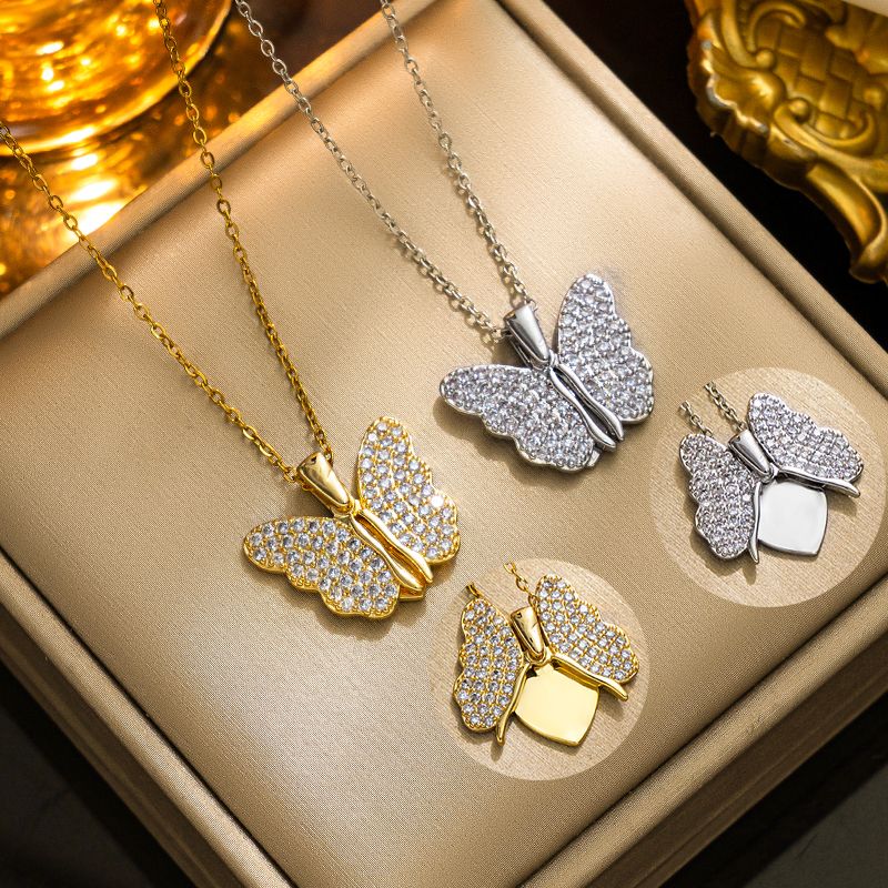 Großhandel Ig-stil Französische Art Koreanische Art Schmetterling Rostfreier Stahl Überzug Inlay 18 Karat Vergoldet Zirkon Halskette Mit Anhänger
