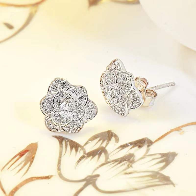 1 Pair Lady Flower Plating Inlay Copper Zircon White Gold Plated Ear Studs