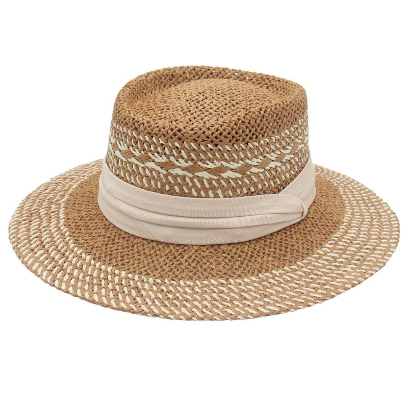 Women's Sweet Pastoral Color Block Straps Wide Eaves Straw Hat