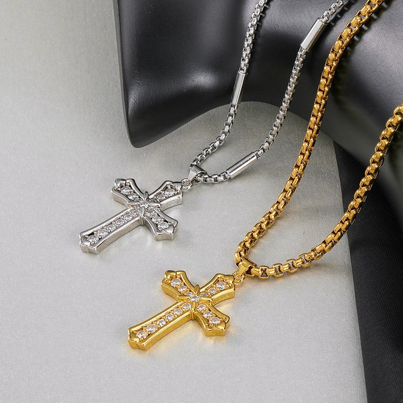 304 Stainless Steel Hip-Hop Retro Plating Cross Pendant Necklace