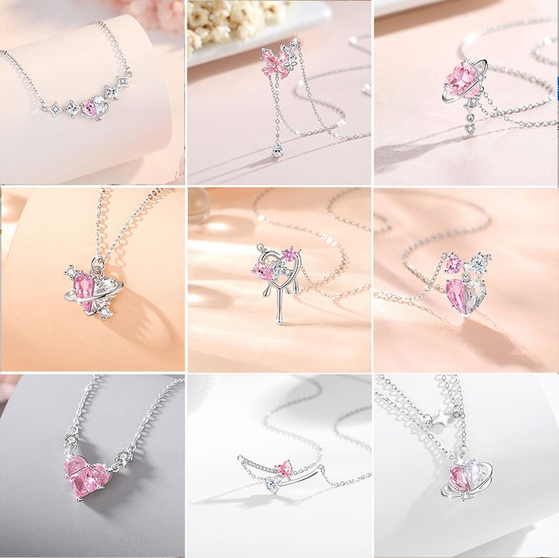Sweet Classic Style Heart Shape Sterling Silver Plating Inlay Zircon White Gold Plated Pendant Necklace