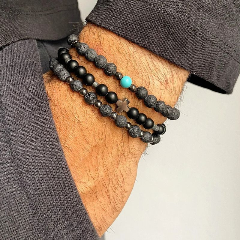 Streetwear Cross Natural Stone Beaded Men's Bracelets